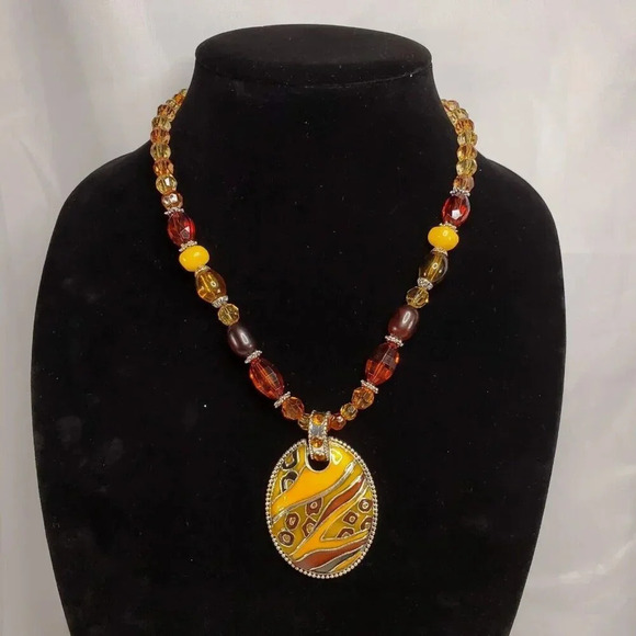 Unbranded Jewelry - Boho Amber Colored Beaded Necklace With Enamel Pendent 8-9 Drop Adjustable